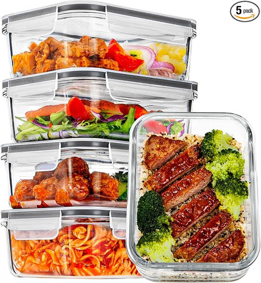 Vtopmart 5Pack 30oz Glass Meal Prep Container Sets with Lids, Grey | Glass Food Storage Containers, Snap Airtight Lid, For Microwave, Oven, Freezer and Dishwasher Safe, BPA Free by Vtopmart