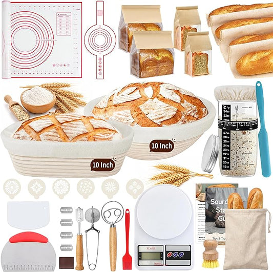 PeacePeo Sourdough Starter Kit with 10" Round and Oval Proofing Baskets | 38Pcs Complete Bread Making Supplies, Natural Rattan, Breathable & Non-Stick, with Scale, Starter Jar for Baking Fermentation by PeacePeo