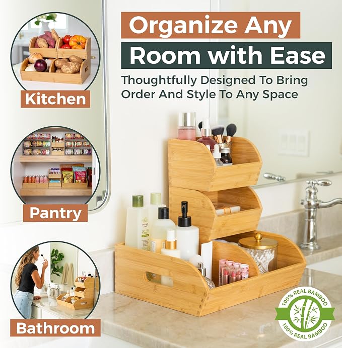 Potato and Onion Storage Bin for Pantry and Kitchen Counter - Ventilated Stackable Bamboo Organizer Baskets with Handles - Image 4