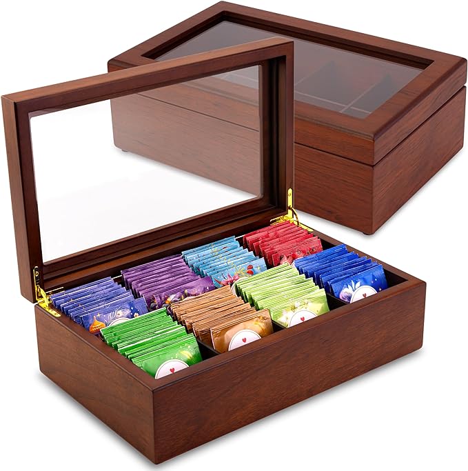 Tea Box - Luxury Wooden Tea Bag Organizer from The Apace Premier Collection - 8 Compartment Tea Storage Chest Container - Elegantly Handmade w/Scratch Resistant Window by ApaceLiving