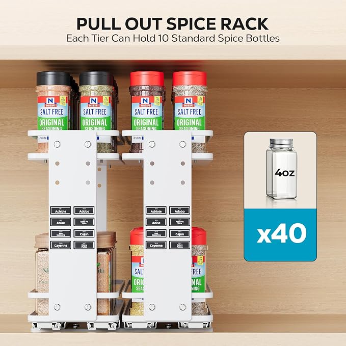 Nieifi Pull Out Spice Rack Organizer, 2 Tiers, White | Spice Organization for Cabinet, Height Adjustable, Easy to Install - Image 6