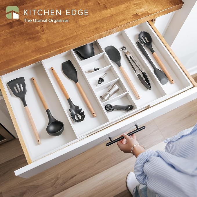 Utensil & Junk Drawer Organizer, 19-33 in, White Bamboo | Food-safe contract grade, 100% sustainable wood, non-slip, adjustable - Image 2