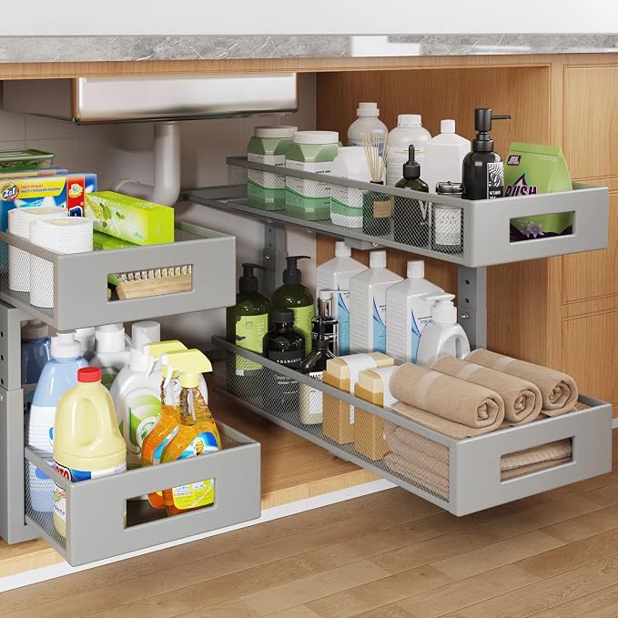 2 Packs 21IN Depth Under Sink Organizer, 2-Tier Pull Out Cabinet Organizer With Smooth Circular Rail, Large Capacity Metal Mesh Sliding Drawers For Bathroom& Kitchen Storage,Height Adjustable-Gun Gray by UnderSinkOrganizer