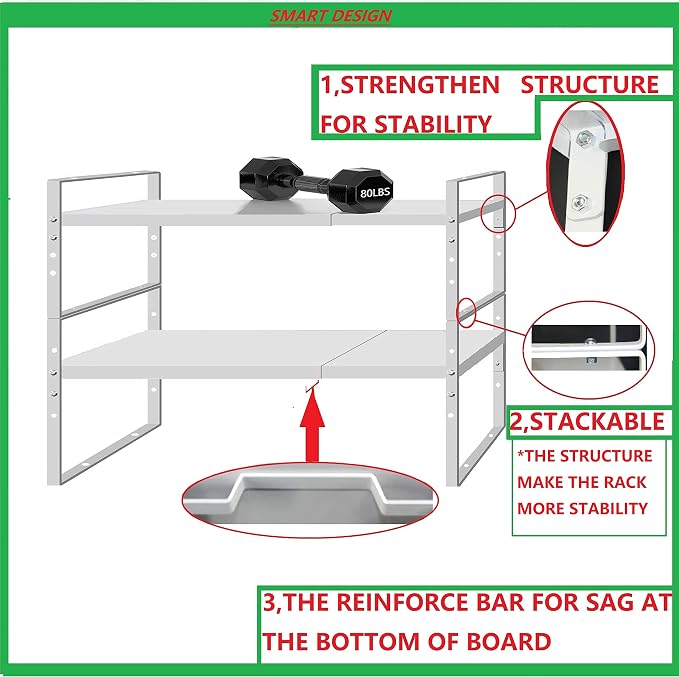 Jojocross Expandable Stackable Spice Rack Cabinet Shelf Organizer in Cabinets Shelves Kitchen Cupboard Organization Stack up Racks Pantry Countertop Storage Medium/White 2 Packs - Image 6