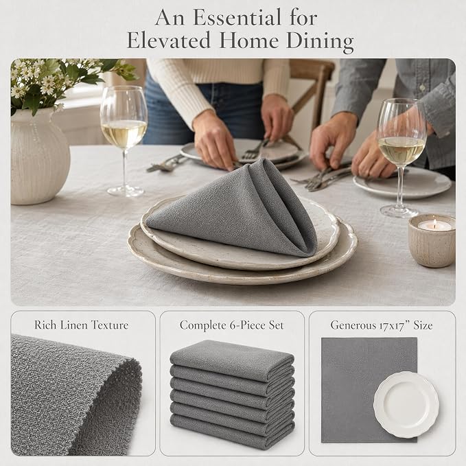 17x17 Solid Grey Linen Cloth Napkins Set of 6 Washable Reusable | Need minimalist decor? These 17x17 reusable grey cloth napkins bring modern elegance to everyday family dinners. - Image 3