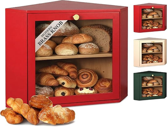 2 Tier Corner Bread Box for Kitchen Countertop, Red | Space-saving, food-safe bamboo corner countertop cabinet featuring a modern brass knob & controlled airflow. by Unknown