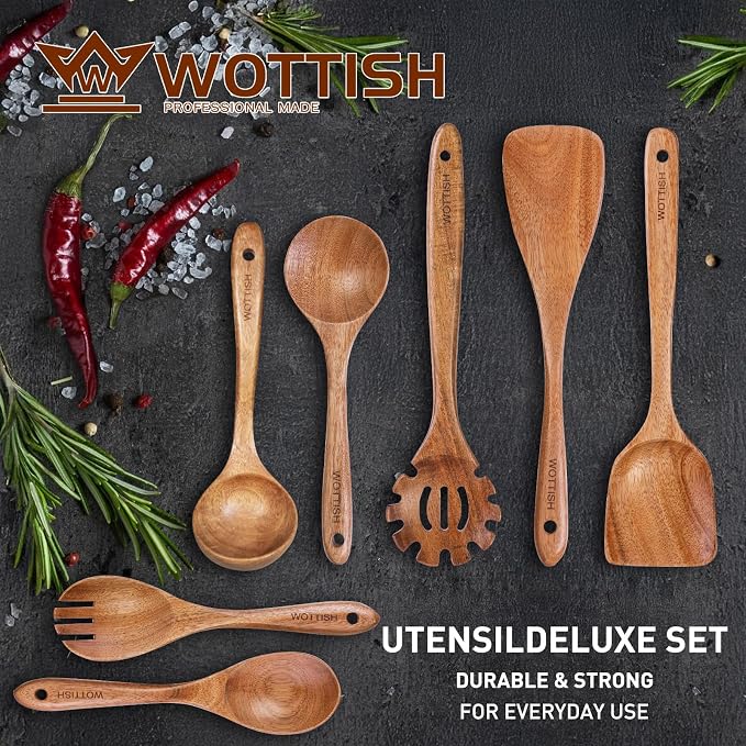 Wooden Spoons for Cooking,WOTTISH 7Pcs Wooden Cooking Utensils,Nonstick Wooden Spatula,Wooden Kitchen Utensils Set Non Toxic,Wooden Utensil Set(A07) - Image 2