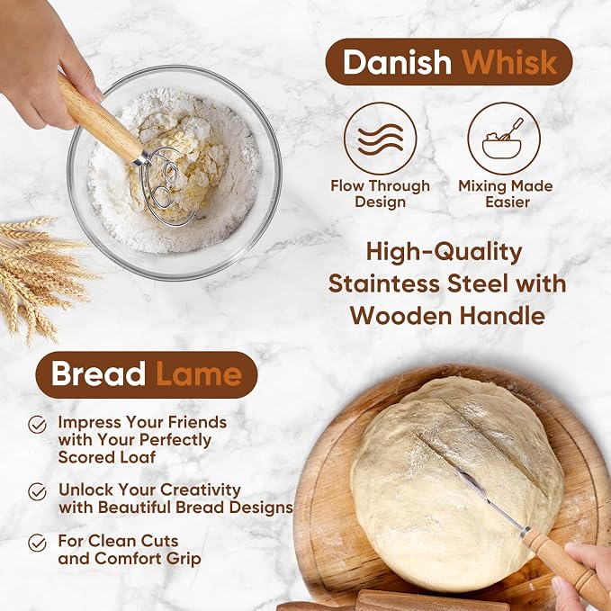 Sourdough Starter Kit, Round & Oval Banneton Bread Proofing Baskets | Sourdough baking kit with starter jar, dough whisk, scraper & bread sling. Sourdough bread baking supplies for home bakers. - Image 5