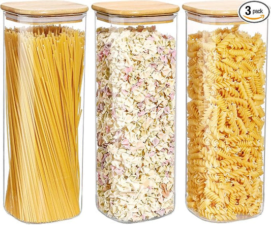 Vtopmart 81oz Glass Food Storage Containers, Set of 3 Large Food Jars with Airtight Bamboo Wooden Lids for Pasta, Flour, Sugar, Glass Canisters for Kitchen, Pantry Organization and Storage, BPA Free by Vtopmart