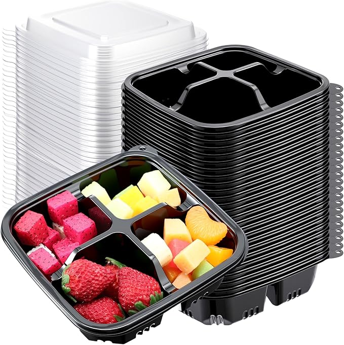 60 Pack 4-compartment Bento Snack Boxes with Lids Divided Lunch Containers for Travel School Camping Outdoor Home (Black) by Yiyiring