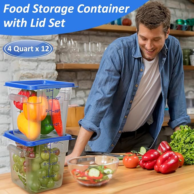 Yungyan 12 Pcs 4 Qt Commercial Food Storage Containers with Lids Restaurant Square Airtight Food Storage Containers Clear Cereal Containers for Kitchen Freezer Dishwasher Pantry(Blue Lid) - Image 5