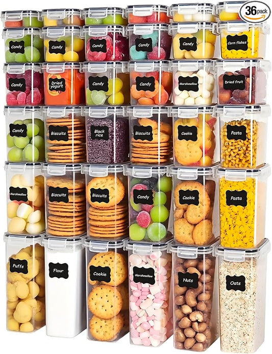 36 PCS Airtight Food Storage Containers with Lids, BPA Free Clear Plastic Kitchen and Pantry Organization and Storage Set for Flour, Sugar, Cereal, Pasta, Includes 36 Labels and Marker by Unknown