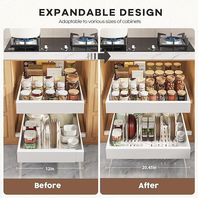 Seinloes 6 Pack Pull Out Cabinet Organizers 21" Deep With Raising Pad for Framed Cabinets, Expandable Slide Out Drawers with 4pcs Divider Racks, Roll Out Shelves, Adjustable Width 12"-20.45" White - Image 3