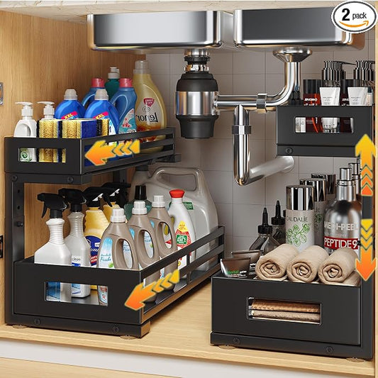 2-Pack 17"Deep Under Sink Organizer And Storage, 2-Tier L-Shaped Pull Out Cabinet Organizer with Upgraded Slide Rails, Height Adjustable Drawers for Kitchen&Bathroom, Extra-Large Storage Shelves–Black by UnderSinkOrganizer