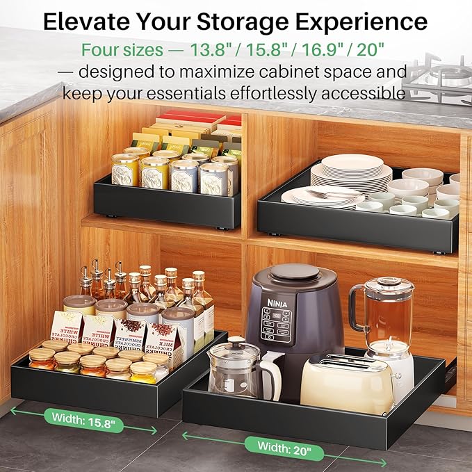 4 Pack Pull out Cabinet Organizer, 21"Deep, Heavy Duty Full-extension Slide out Drawers for Kitchen Cabinet, Roll out Shelf Storage with Nano Adhesive for Pots, Bathroom, Pantry, Home, Black - Image 6