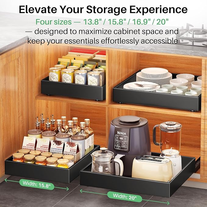 Pull out Cabinet Organizer, 21"Deep, Heavy Duty Full-Extension Slide out Drawers for Kitchen Cabinets with Nano Adhesive, Roll Out Shelf Sliding Cabinet for Pots, Bathroom, Pantry, Under Sink, Black - Image 6