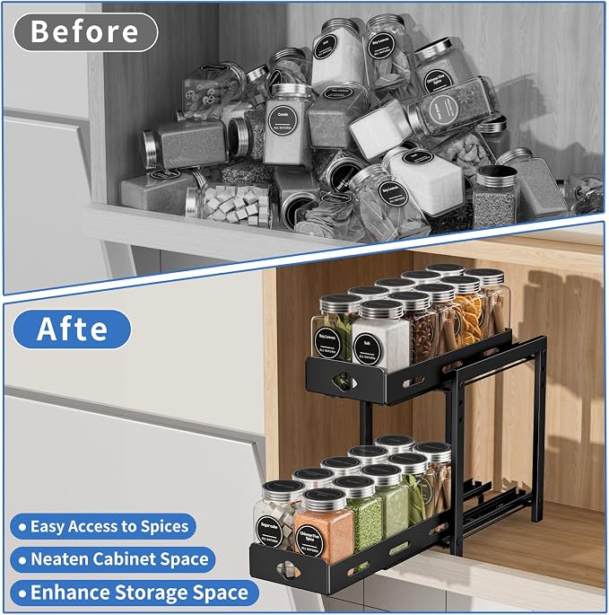 BOIVSHI Pull Out Spice Rack, Cabinet Spice Organizer, 5.3''Wx10.8''Dx9.2''H | Height Adjustable Vertical Spice Rack for Cabinet, 2 Tier Spice Racks for Inside Cabinets, Made of Metal for Easy Assembly - Image 3