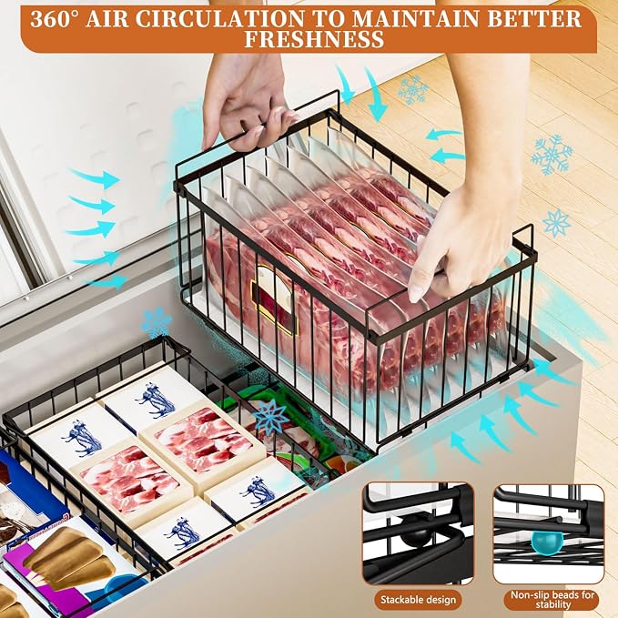 Large Freezer Organizer Bins for 5 to 9 Cu.Ft,Quick Expand/Collapse,4PACK | Freezer Organizer Bins, Stackable,foldable,With handle Wire Storage Container Baskets for Sort Frozen Meats,Leak-Proof Liner - Image 6