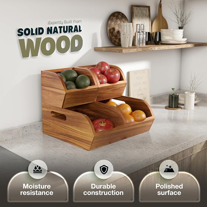 Acacia Wood Pantry Storage Bins - Stackable Open Front Kitchen Baskets for Potato, Onion, Fruit, Vegetable, and Bread Storage, Wood Organizer for Pantry (Warm Acacia) - Image 4