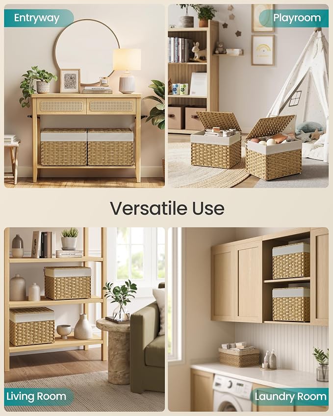 SONGMICS Storage Basket with Lid, Woven Blanket Storage Bin with Handles, Foldable, Removable Liner, Metal Frame, for Bedroom, Laundry Room, 9.2 Gallons (35 L), Natural URST040YE01 - Image 3