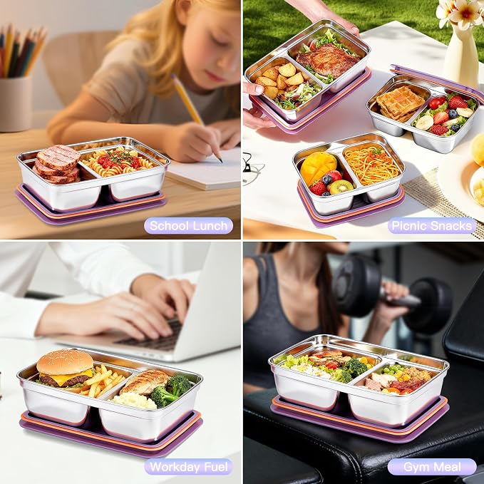 GIUOIDUO 12-Piece Stainless Steel Snack Containers Reusable, Grab and Go 2 Compartment Food Storage Containers with Leakproof Lids for Travel and Outdoor Camping School Lunch Prep Dishwasher Safe - Image 2