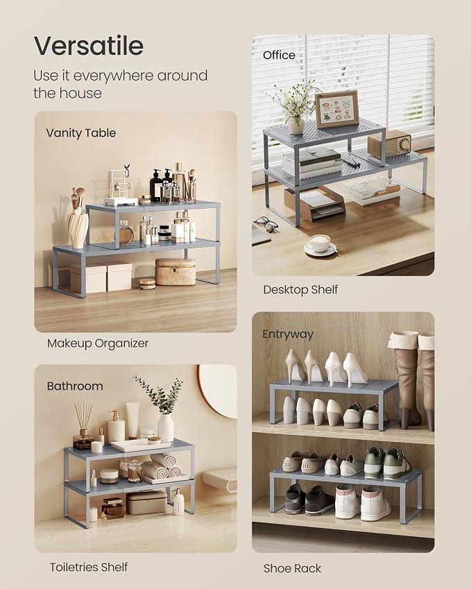 SONGMICS Spice Racks Expandable Kitchen Countertop Shelves, Metal | Set of 2 small cupboard organizers, space-saving tabletop shelves, Silver, UKCS402FG01 - Image 5