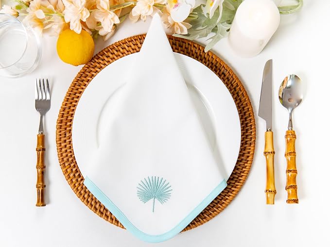 Hofdeco Premium Coastal Cotton Cloth Napkins Set of 4, 20"x20" Washable Dinner for Events, Weddings, Home Use, Muted Aqua Embroidered Palm Leaf - Image 3