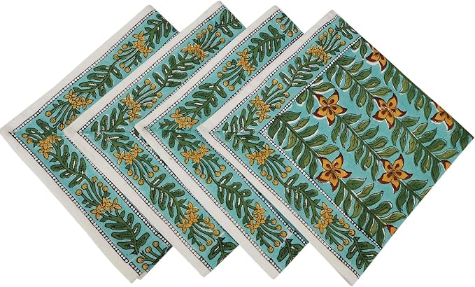 18x18 Inches Cotton Napkins Set of 4, Yellow Green, Washable Hand Block Printed Reusable Cloth Napkins for Dinning, Party, Wedding, Home Decor Fall by HomeSpunCrafts