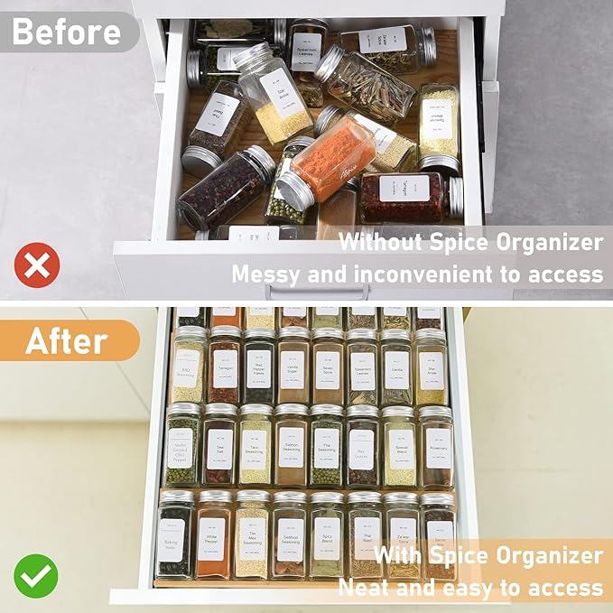 Spice Drawer Organizer with 35 Spice Jars,216 Labels,25 Non-slip Rubber, Bamboo 4 Tier Seasoning Rack Tray Insert for Kitchen Drawers,Cabinets,Countertop,14.6" Wide x 15.8" Deep - Image 4