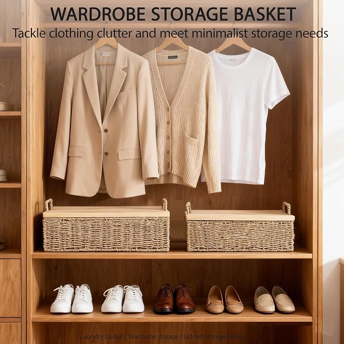 Woven Seagrass Wicker Storage Basket Set of 2 with Wooden Lids | Stackable Basket with Handles, Rectangular Decorative Basket for Shelves Home, Closet & Desktop Organization - Image 4