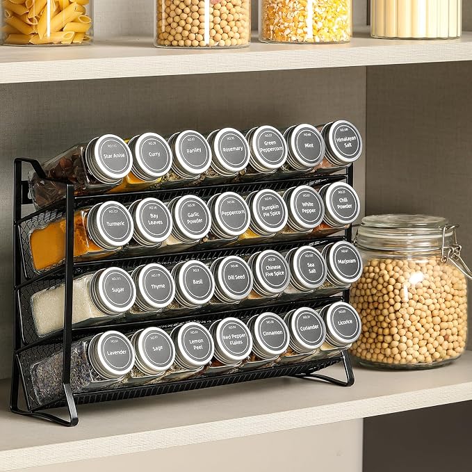 AOZITA Spice Rack Organizer with 28 Empty Spice Jars with Silver Lids, Funnel, Labels - Seasoning Organizer for Countertop, Cabinet, Kitchen, Pantry - Image 6