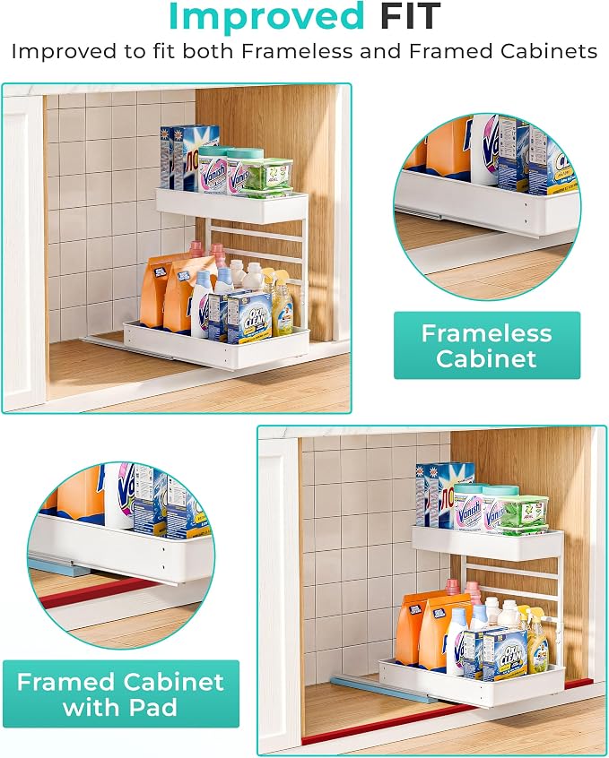 EVERIE Height Adjustable 2 Tier Metal Pull Out Slide Shelf Organizer for Framed or Frameless Under Sink Cabinets in Kitchen, Bathroom, with Snap-on Top Tray (White, 2 Sets) - Image 9