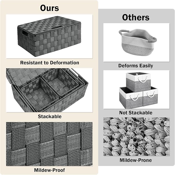 Storage Baskets with Lids: 5 Pack Stackable Woven Storage Bins, Grey | Decorative Woven Baskets for Organizing with Built-In Handles for Shelves, Closets, Cabinets and Cubbies, Gift Small Basket - Image 5