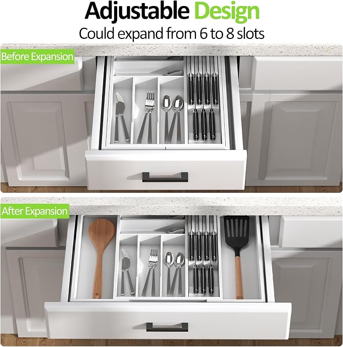 Bamboo Kitchen Drawer Organizer, Expandable Silverware Organizer with Removable Knife Block, 6-8 Slots- Utensil Holder & Cutlery Tray Drawer Dividers, 2.36" Deep for Extra Capacity, White - Image 3