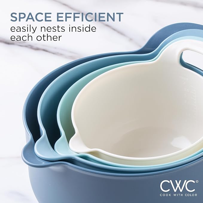 COOK WITH COLOR Nesting Plastic Mixing Bowl Set with Pour Spouts and Handles, Blue, 4 Piece Non-Slip - Image 5