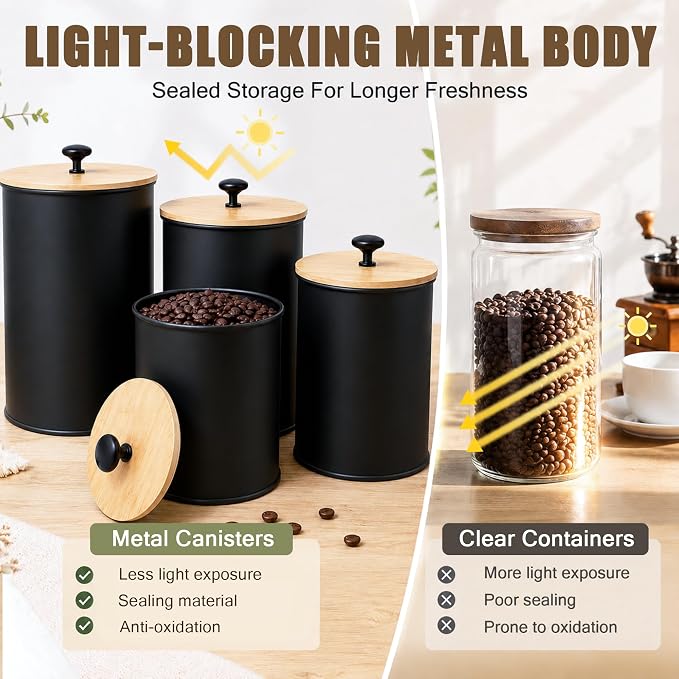 Kitchen Canister Set of 4 Airtight Metal Containers with Bamboo Lids, Black | Flour sugar coffee tea canisters set with bamboo lids, customizable chalkboard labels & marker pen - Image 4
