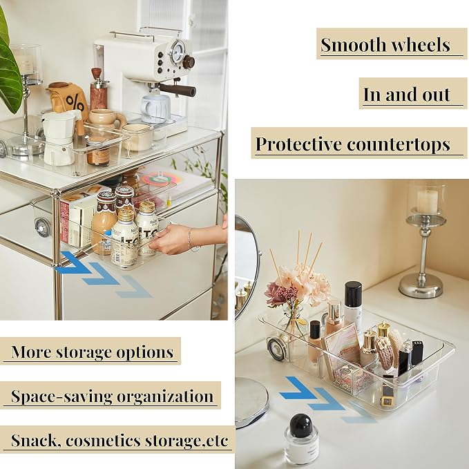 Roll-Out Refrigerator Organizers and Storage, 2 Pack Drawer Fridge Bins | Silicone Wheels, Adjustable Dividers, Thick Clear PET, Built-In Handle, for Fridge, Pantry, Bathroom & Kitchen Organization - Image 6
