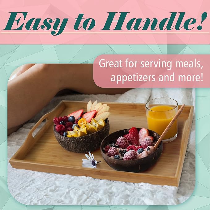 BambooMN Organic Bamboo Serving Tray with Handles, Breakfast Tray, Serving, Eating, Kitchen, Vanity, 17" x 12.5" x 2" - 1 Tray - Image 5