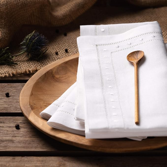 Linen Napkins Set of 4-100% Flax Linen White Dinner Napkins with Embroidered Dot 18 x 18 inch - Hemstitch Cloth Napkins Washable for Summer and Wedding Decor - Image 7