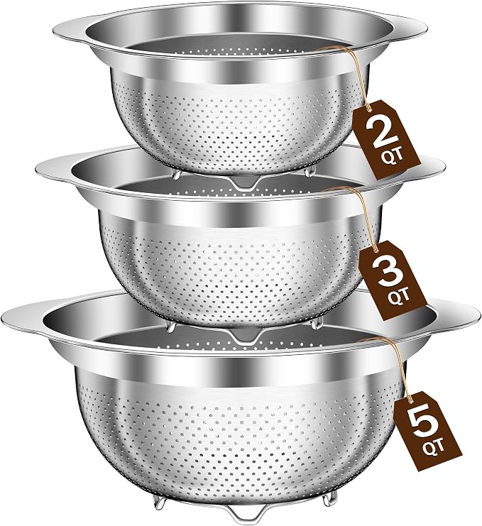 Stainless Steel Colander for Kitchen, Stainless Steel Strainer, Pasta Strainer for Spaghetti Fruit Cooking Food, 3 Pcs Strainers and Colanders(2QT, 3QT, 5QT), Dishwasher Safe, Kitchen Present by STOCKPOT