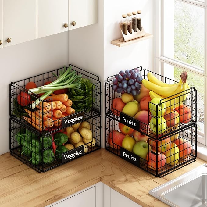 JKsmart 4 Pack XXL Stackable Wire Baskets for Pantry Organizers and Storage | Vegetable and Fruit Basket with Name Plates & Handles, Kitchen Pantry Organizer for Snack Can Fruit Veggies - Image 3