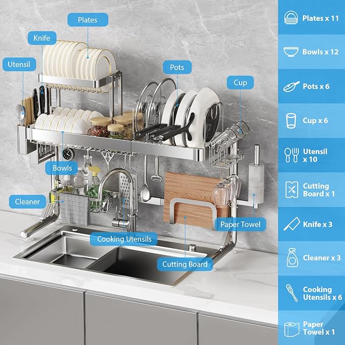 Over Sink Dish Drying Rack, Upgrade 2.5-Tier 304 Stainless Steel Dish Rack Adjustable Length with Pots and Pans Rack, Modern Over The Sink Dish Drainer Rack for Kitchen Storage Counter Organizer - Image 6