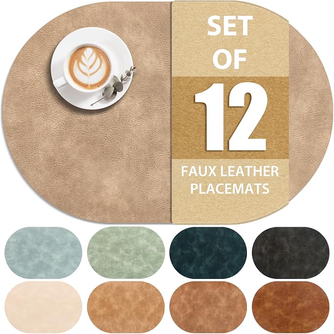 ADRIMER Placemats, Heat Resistant Oval Place Mats Set of 12 Washable 12 x 17 Inch, Waterproof Table Mats Set of 12, Wipeable Faux Leather Placemats for Kitchen, Dining Room, Apricot by Adrimersdreamistobeanindispensablecompanioninyourlife