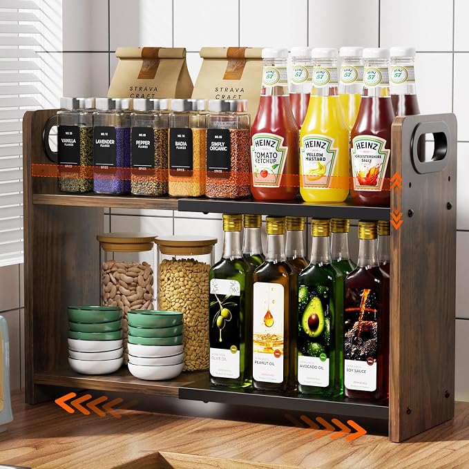 2-Tier Expandable Spice Rack Organizer for Countertop,15.2"-21.5" | Metal & Wood ,Adjustable Height Spice Racks Shelf for Counter Cabinet Coffee Station, Space-saving Kitchen Storage Shelves - Image 8