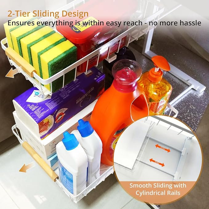 Under Sink Organizer, 2 Tier Pull Out Cabinet Organizers and Storage for Kitchen Bathroom Pantry Laundry, Adjustable Height, Slide Out Thickened Metal Storage Shelf (Black, 1 Pack) - Image 4