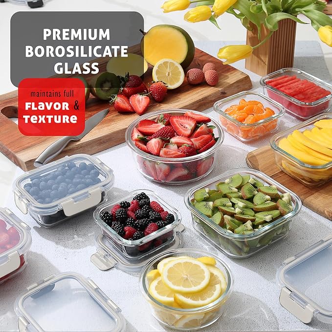 EATEX 32pc Glass Storage Containers with Lids, 16 Glass Food Storage Containers with 16 Airtight Lids for Pantry & Kitchen, Meal Prep Containers for Lunch, Oven Freezer Microwave & Dishwasher Safe - Image 3