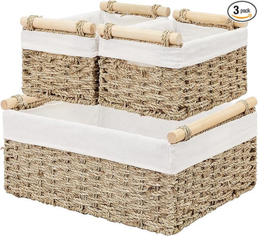 Wicker Storage Basket, 3-Packs Seagrass Storage Baskets for Organizing, Large Cube Storage Organizer Baskets Bins with Handles for Shelves Decor, Small Toilet Paper Storage Basket (Seagrass) by Vagusicc