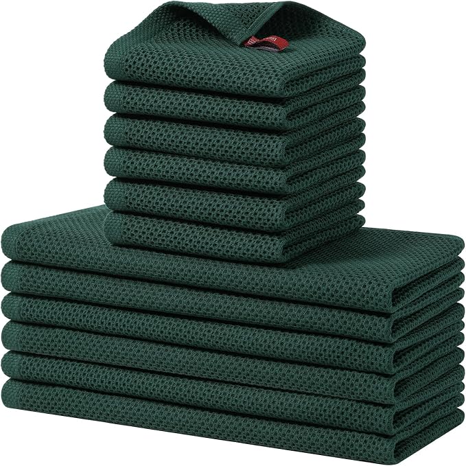 Homaxy 12 Pack 100% Cotton Kitchen Towels and Dishcloths Set,Blackish Green | 12 x 12 Inches and 13 x 28 Inches Kitchen Towels Set, Ultra Soft Absorbent Dish Cloths for Washing Dishes by Homaxy