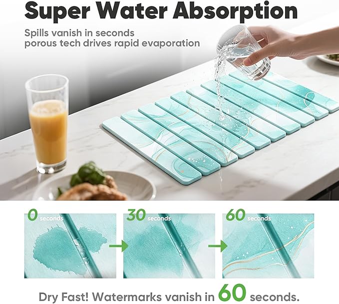 Stone Drying Mat for Kitchen Counter, Quick Diatomaceous Earth Mats for Dishes, 24"L x 16" W Super Absorbent Fast-Drying Collapsible Countertop Stone Mat (Marble White Green-01, 24" x 16") - Image 3