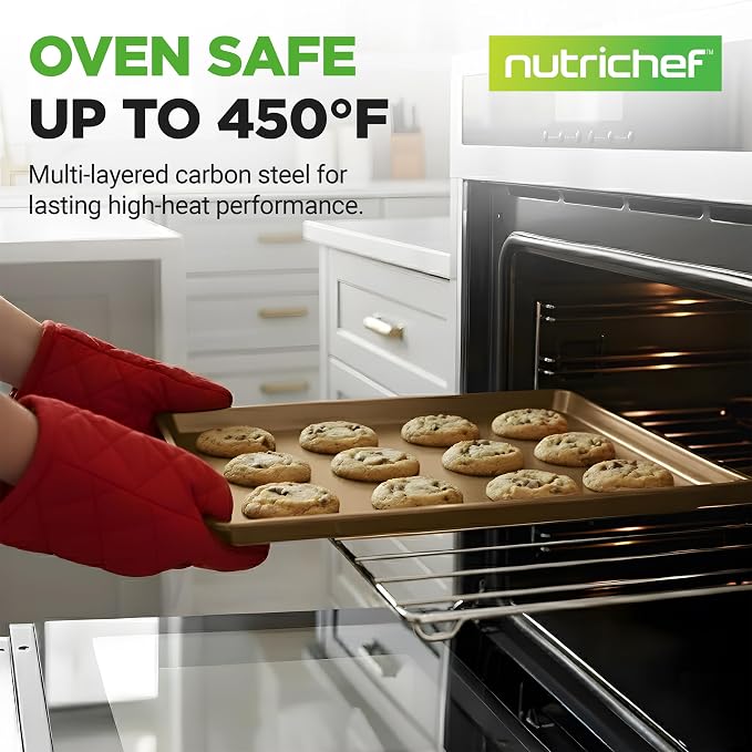 NutriChef Nonstick XL Cookie Sheet Baking Pan - Extra Large 22" x 16" Carbon Steel Oven Baking Sheet for Pastries, Desserts, & More - Dishwasher Safe, Gold - Image 2